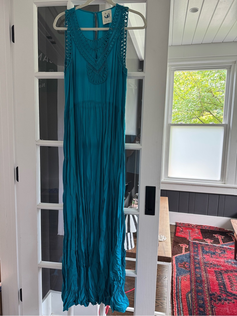Anthropologie Teal Sleeveless Crochet-Detail Maxi Dress